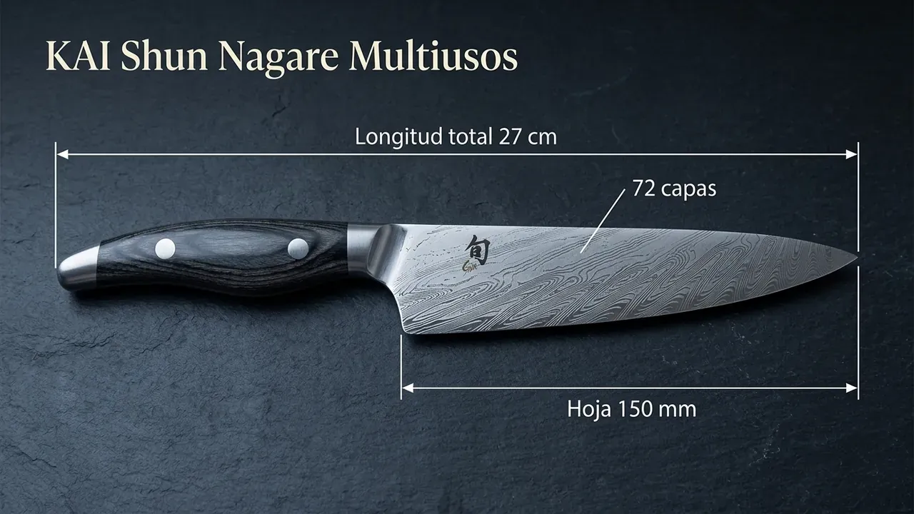 Medidas del KAI Shun Nagare multiusos: 27 cm de longitud total, hoja de 150 mm y damasco de 72 capas