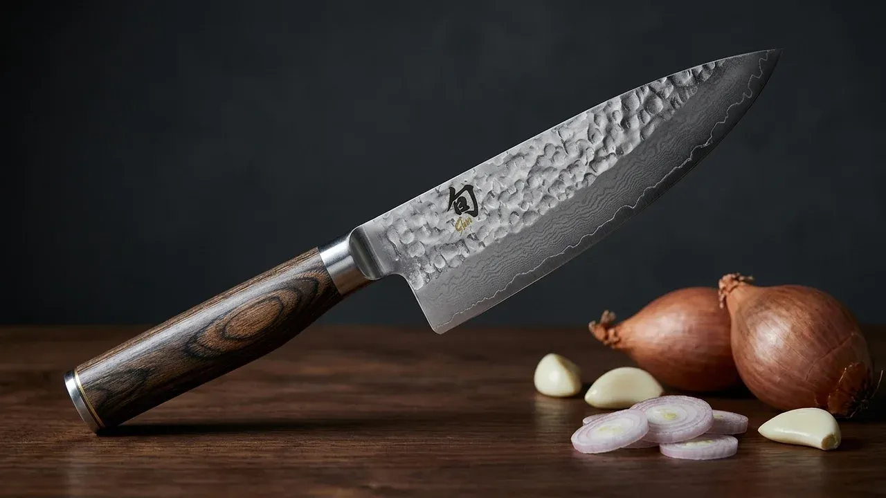 KAI Shun Premier Chef de 15 cm sobre madera oscura junto a dos chalotas y unos dientes de ajo pelados