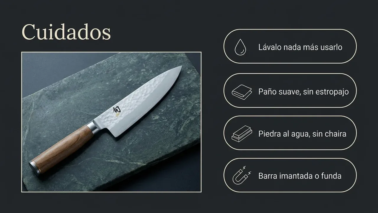 Cuidados del KAI Shun Premier Chef de 15 cm: lavarlo nada más usarlo, paño suave sin estropajo, piedra al agua sin chaira y barra imantada o funda