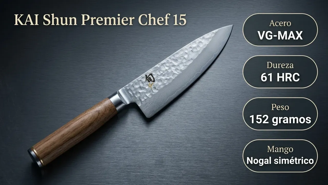 Ficha técnica del chef pequeño KAI Shun Premier: núcleo VG-MAX a 61 HRC, 152 gramos de peso y mango de nogal simétrico, sobre acero cepillado