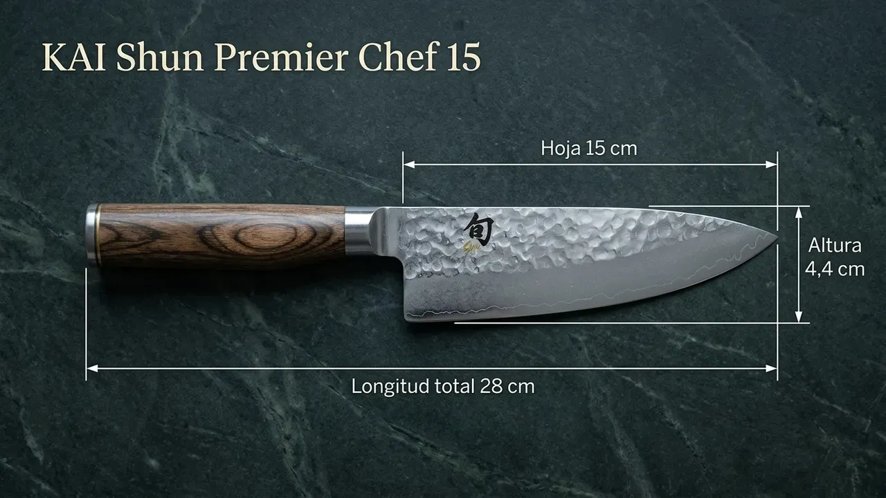 Medidas del KAI Shun Premier Chef de 15 cm: 28 cm de longitud total, hoja de 15 cm y 4,4 cm de altura, acotadas sobre piedra de esteatita verde