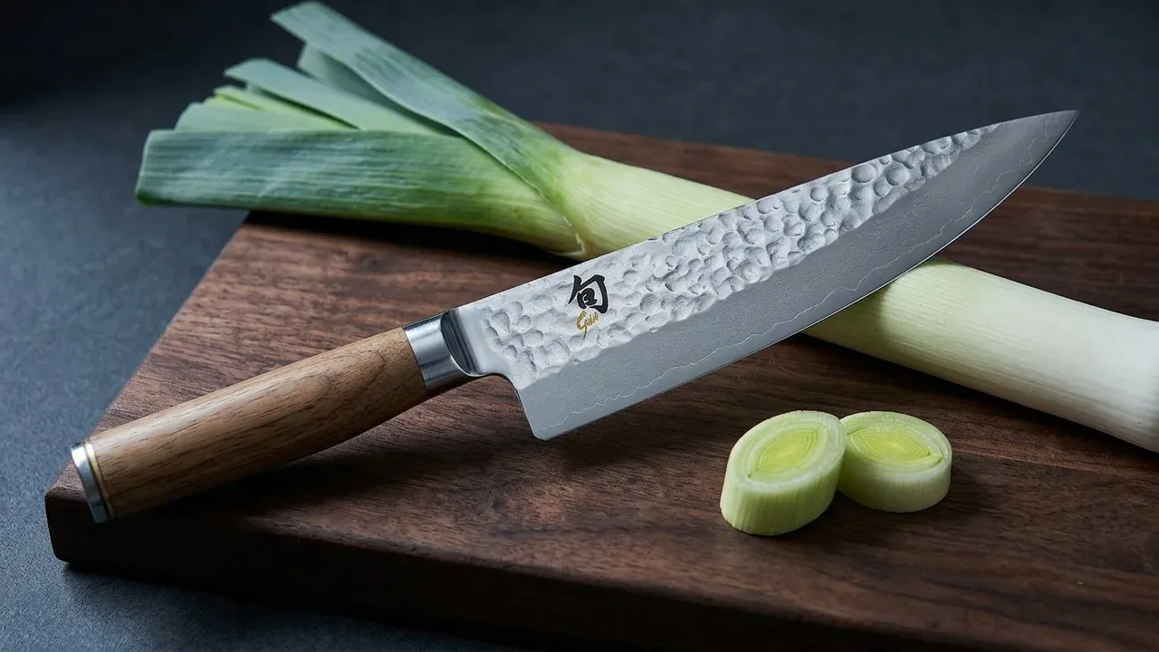 KAI Shun Premier Chef de 20 cm sobre tabla de madera oscura junto a un puerro entero, con el martillado tsuchime visible en la hoja