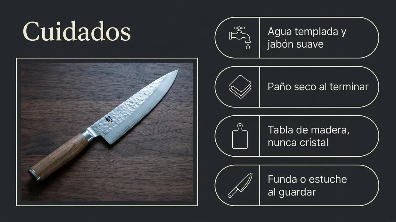Cuidados del KAI Shun Premier Chef: agua templada con jabón suave, paño seco al terminar, tabla de madera y funda o estuche para guardarlo