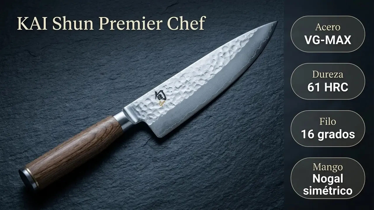 Ficha técnica del gyuto KAI Shun Premier de 20 cm: núcleo VG-MAX a 61 HRC, filo a 16 grados por lado y mango de nogal simétrico, sobre pizarra