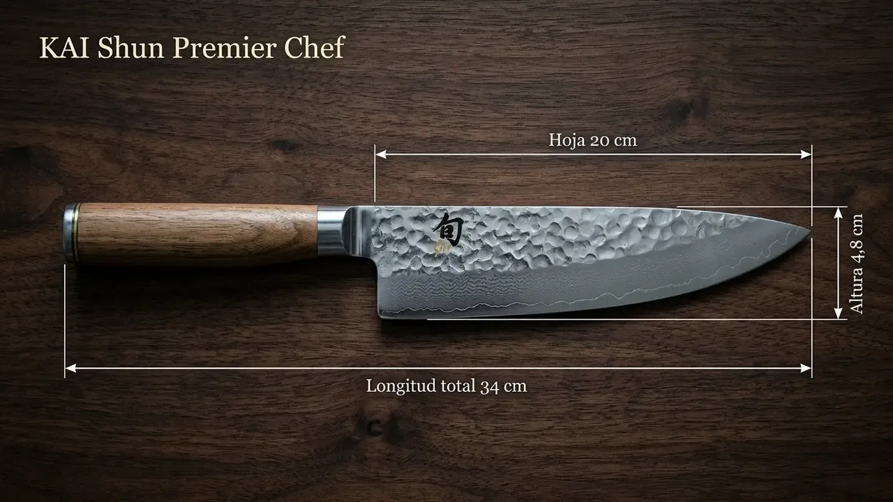 Medidas del KAI Shun Premier Chef: 34 cm de longitud total, hoja de 20 cm y 4,8 cm de altura, acotadas sobre madera de nogal oscuro