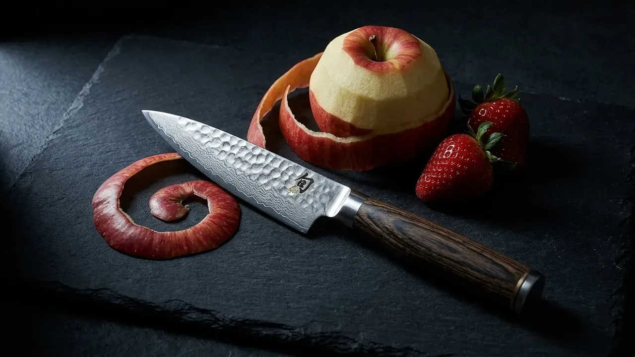 KAI Shun Premier Oficio de 10 cm sobre pizarra oscura junto a una manzana a medio pelar y dos fresas