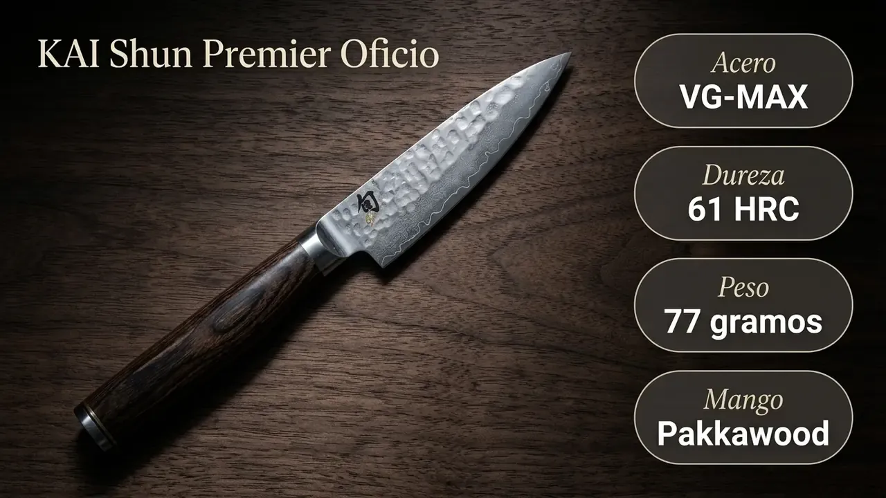 Ficha técnica del Oficio KAI Shun Premier: acero VG-MAX, 61 HRC de dureza, 77 gramos de peso y mango de pakkawood