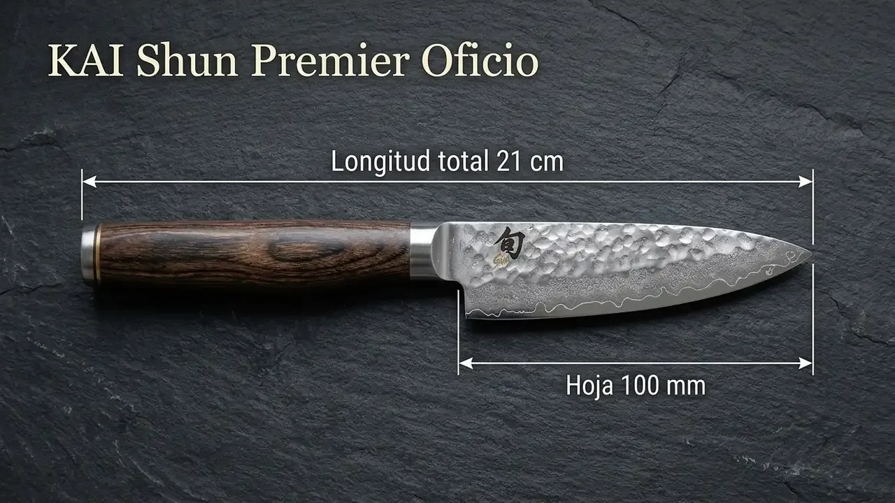 Medidas del KAI Shun Premier Oficio: 21 cm de longitud total y hoja de 100 mm, acotadas sobre pizarra oscura