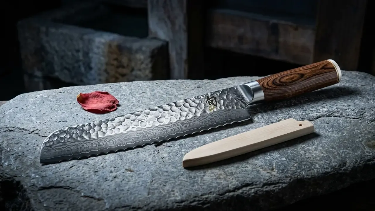 Cuchillo de pan KAI Shun Premier de 23 cm sobre una losa de piedra de río, junto a su saya de hinoki y un pétalo de camelia, con el martillado tsuchime y el damasco visibles