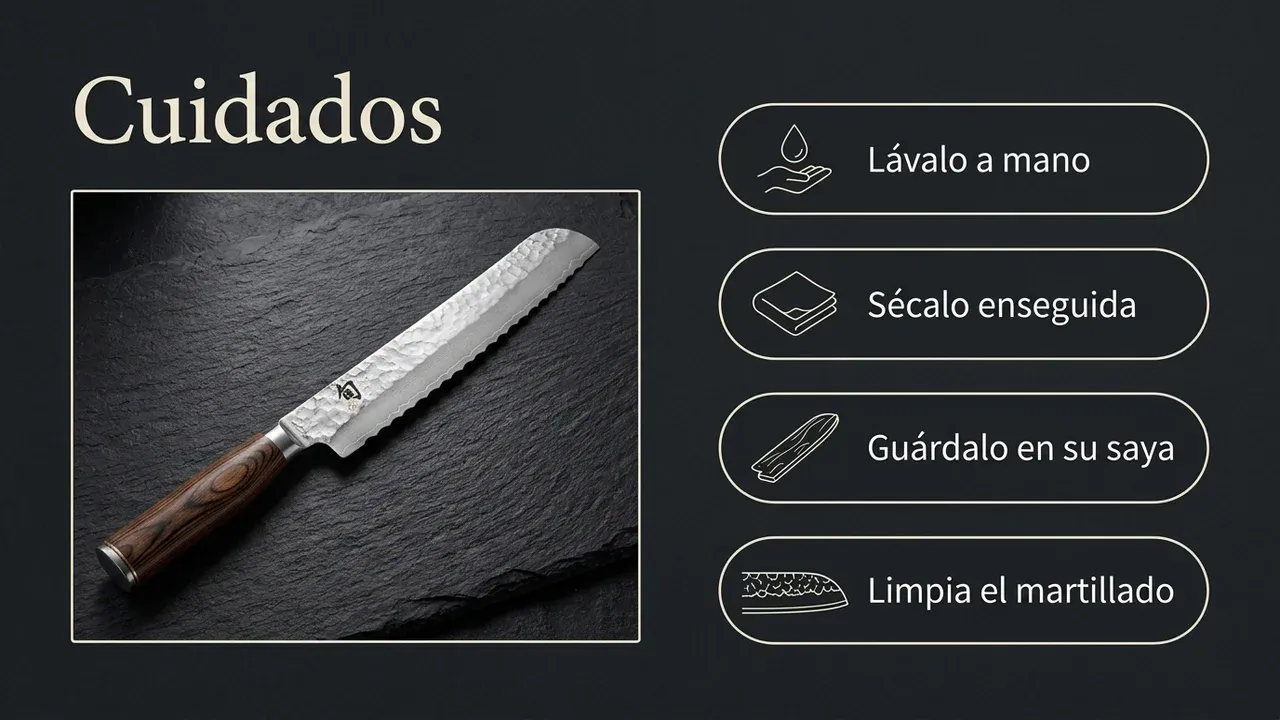 Cuidados del cuchillo de pan KAI Shun Premier: lavarlo a mano, secarlo enseguida, guardarlo en su saya y limpiar los huecos del martillado