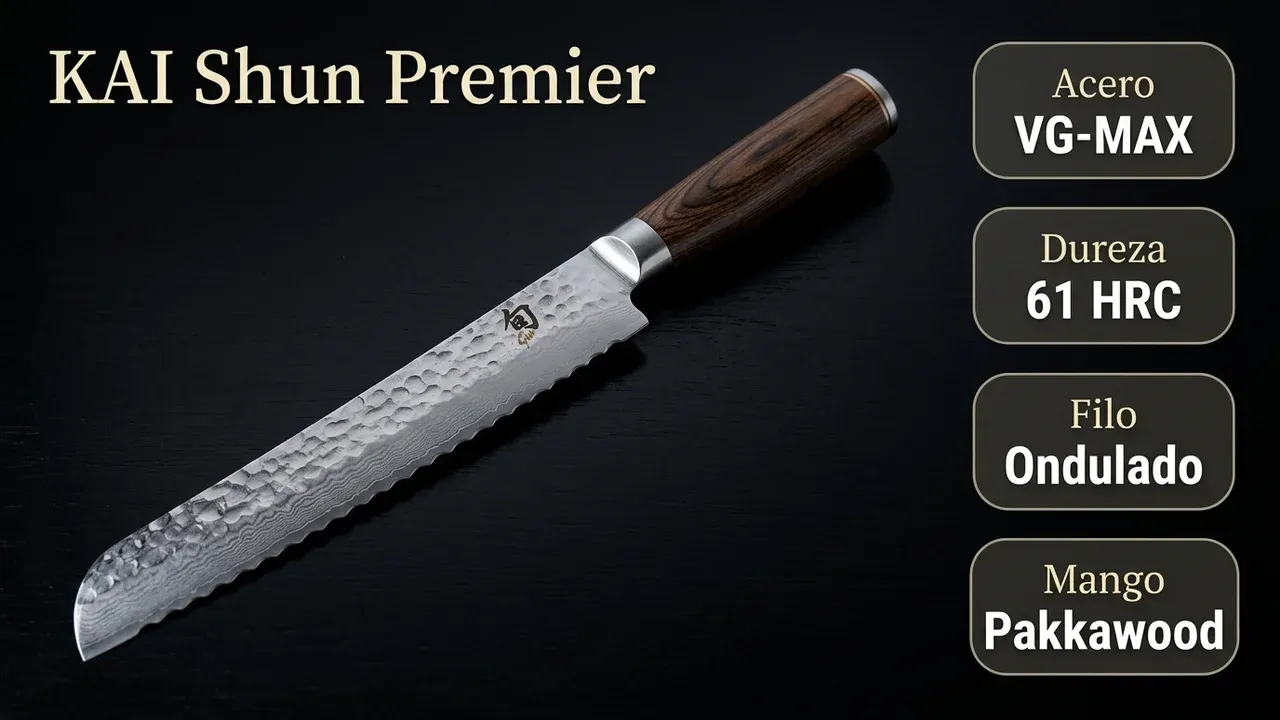 Ficha técnica del panero KAI Shun Premier: núcleo VG-MAX, dureza 61 HRC, filo ondulado y mango de pakkawood sobre madera lacada negra
