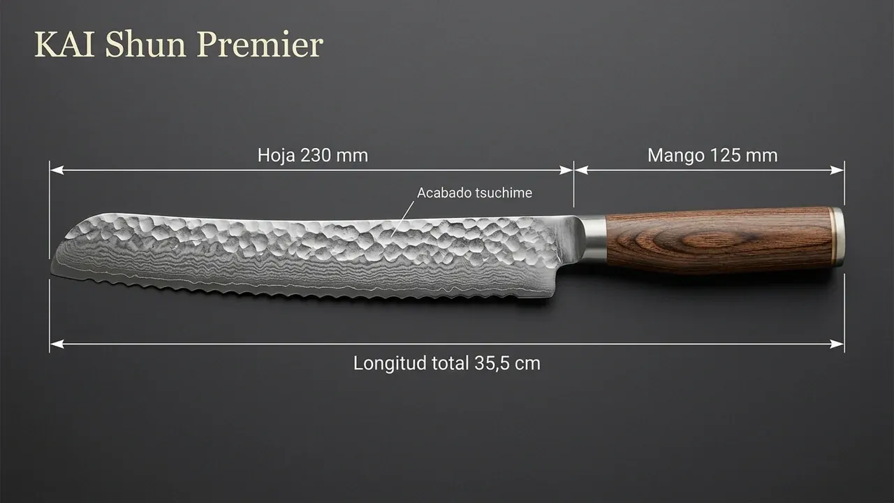 Medidas del cuchillo de pan KAI Shun Premier: 230 mm de hoja, 125 mm de mango y 35,5 cm de longitud total, con el acabado martillado tsuchime señalado sobre fondo gris de estudio