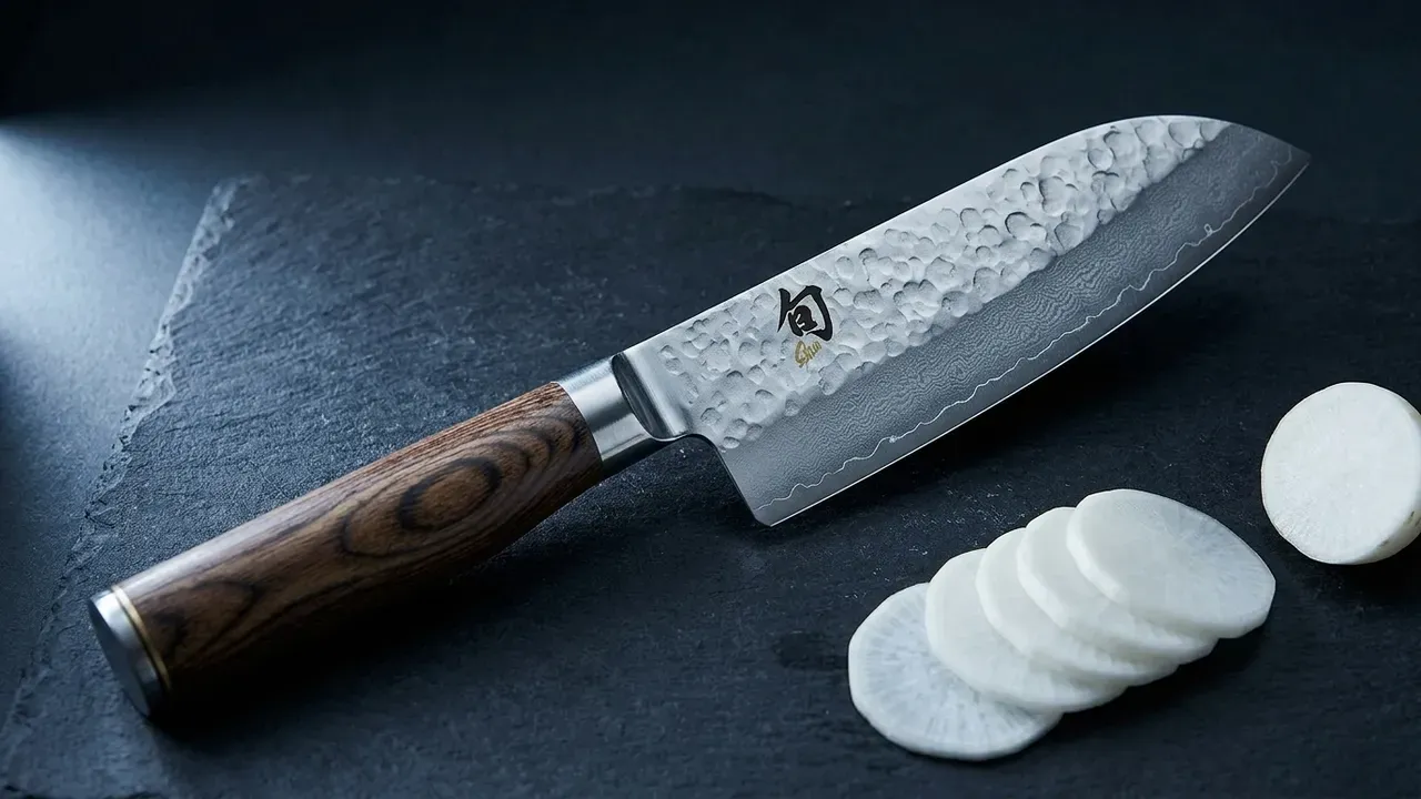 KAI Shun Premier Santoku de 14 cm sobre pizarra oscura junto a rodajas finas de rábano recién cortadas