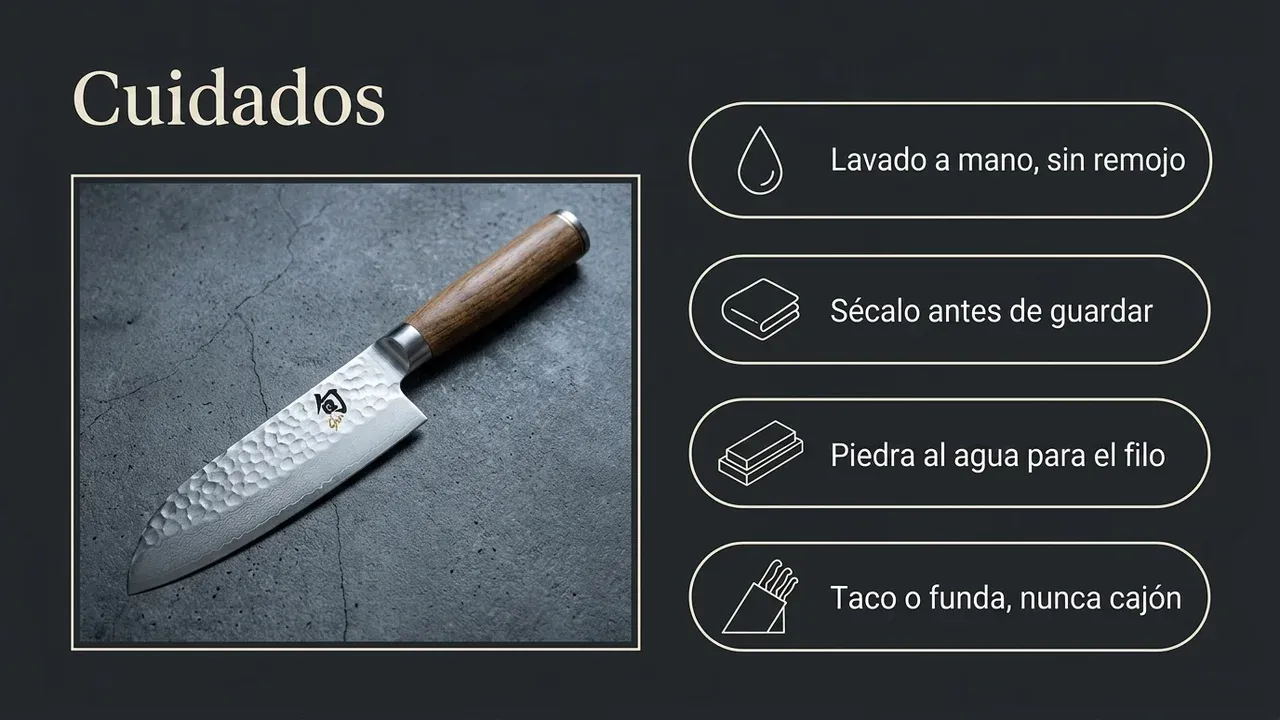 Cuidados del KAI Shun Premier Santoku de 14 cm: lavado a mano sin remojo, secado antes de guardar, piedra al agua y taco o funda en vez de cajón