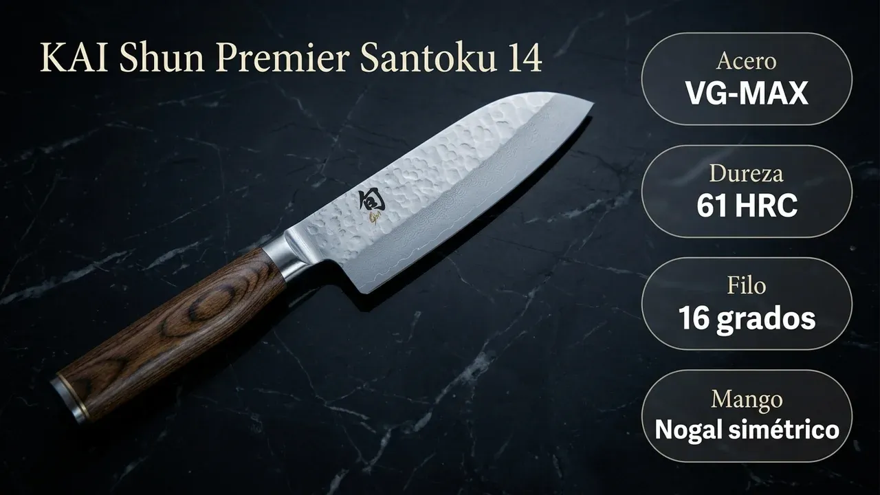 Ficha técnica del santoku corto KAI Shun Premier: núcleo VG-MAX a 61 HRC, filo a 16 grados por lado y mango de nogal simétrico, sobre mármol negro