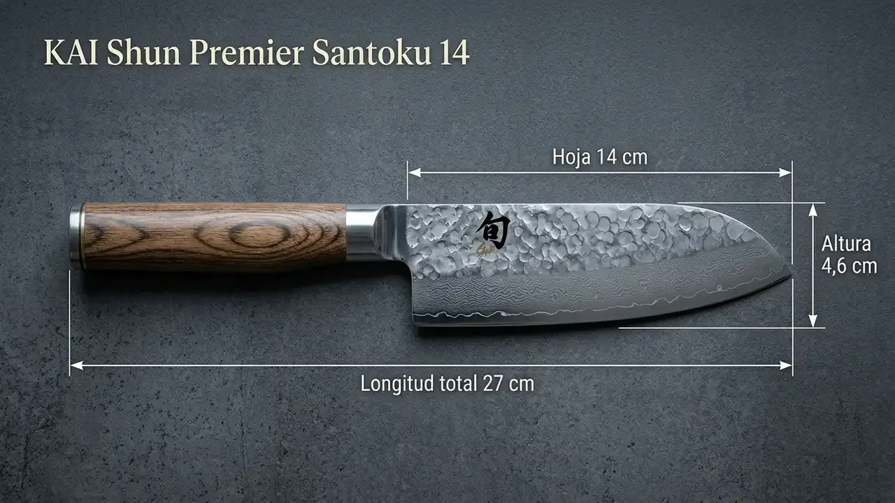 Medidas del KAI Shun Premier Santoku de 14 cm: 27 cm de longitud total, hoja de 14 cm y 4,6 cm de altura, acotadas sobre hormigón gris