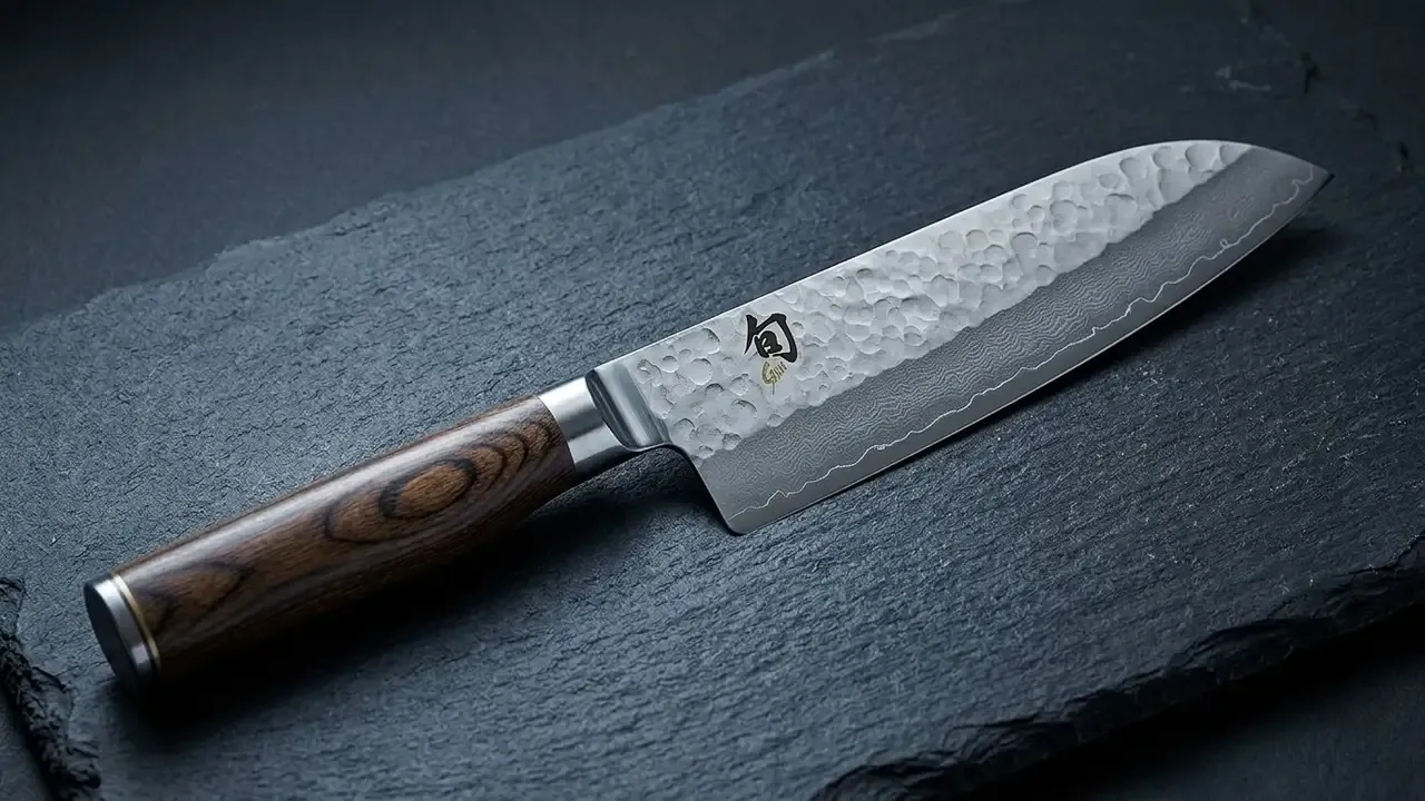 KAI Shun Premier Santoku 18 cm sobre piedra oscura, con el martillado tsuchime recorriendo el lomo de la hoja