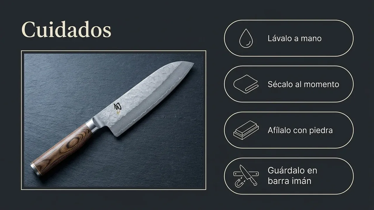Cuidados del KAI Shun Premier Santoku: lavado a mano, secado inmediato, afilado con piedra al agua y guardado en barra magnética