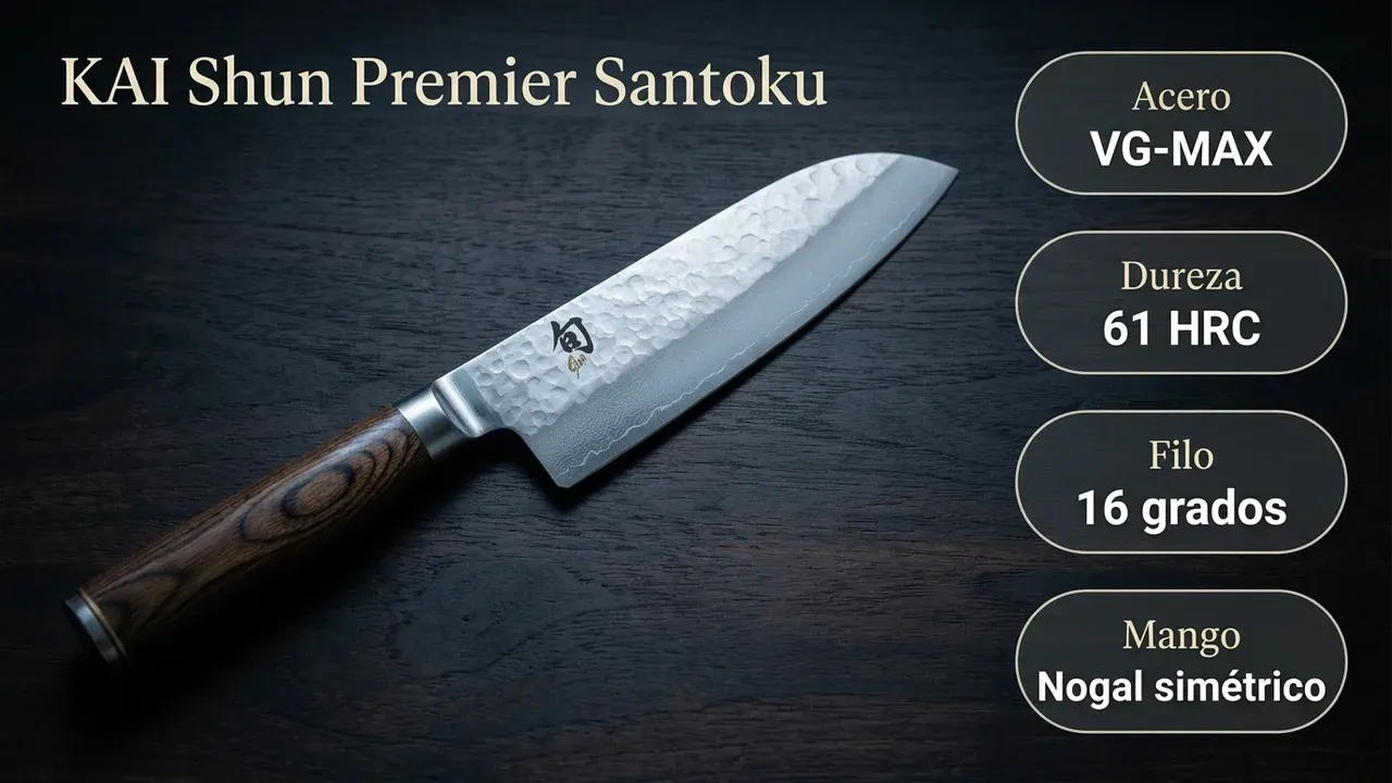 Ficha técnica del santoku KAI Shun Premier: núcleo VG-MAX a 61 HRC, filo a 16 grados por lado y mango de nogal simétrico, sobre madera oscura