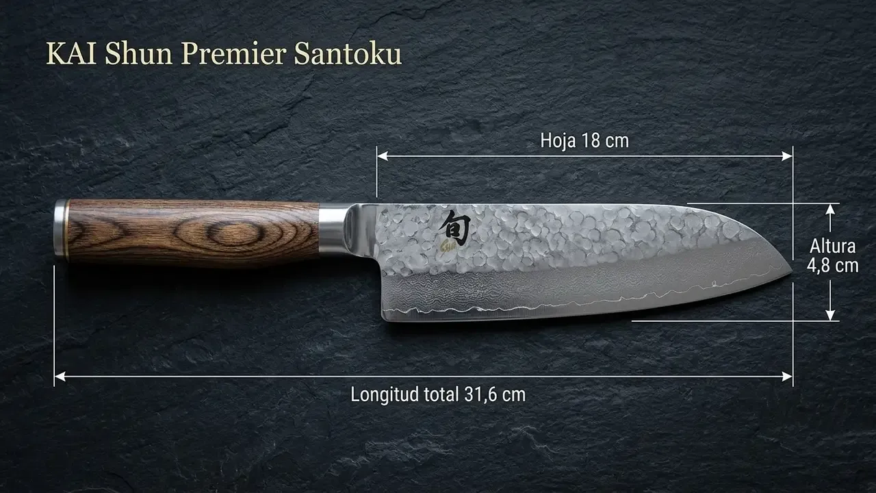 Medidas del KAI Shun Premier Santoku: 31,6 cm de longitud total, hoja de 18 cm y 4,8 cm de altura, acotadas sobre pizarra oscura