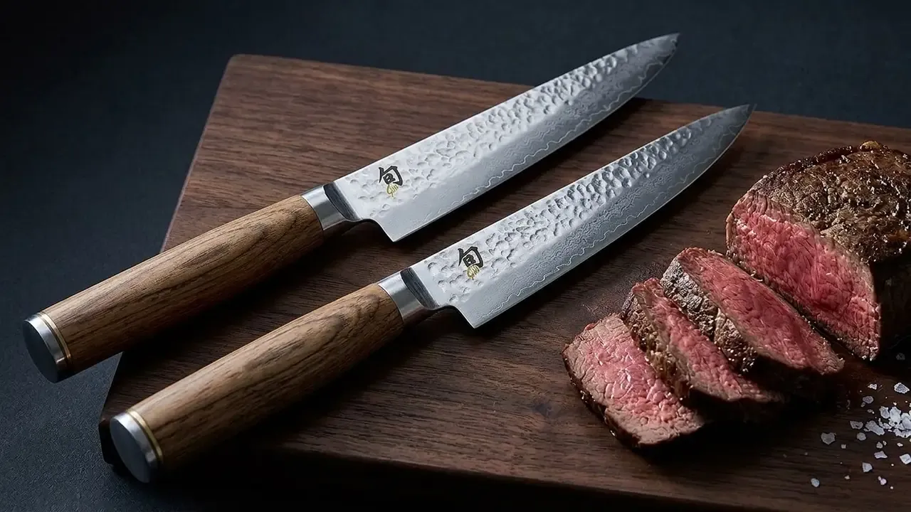 Pareja de cuchillos de carne KAI Shun Premier de 13 cm sobre tabla de servir con un solomillo laminado y sal en escamas
