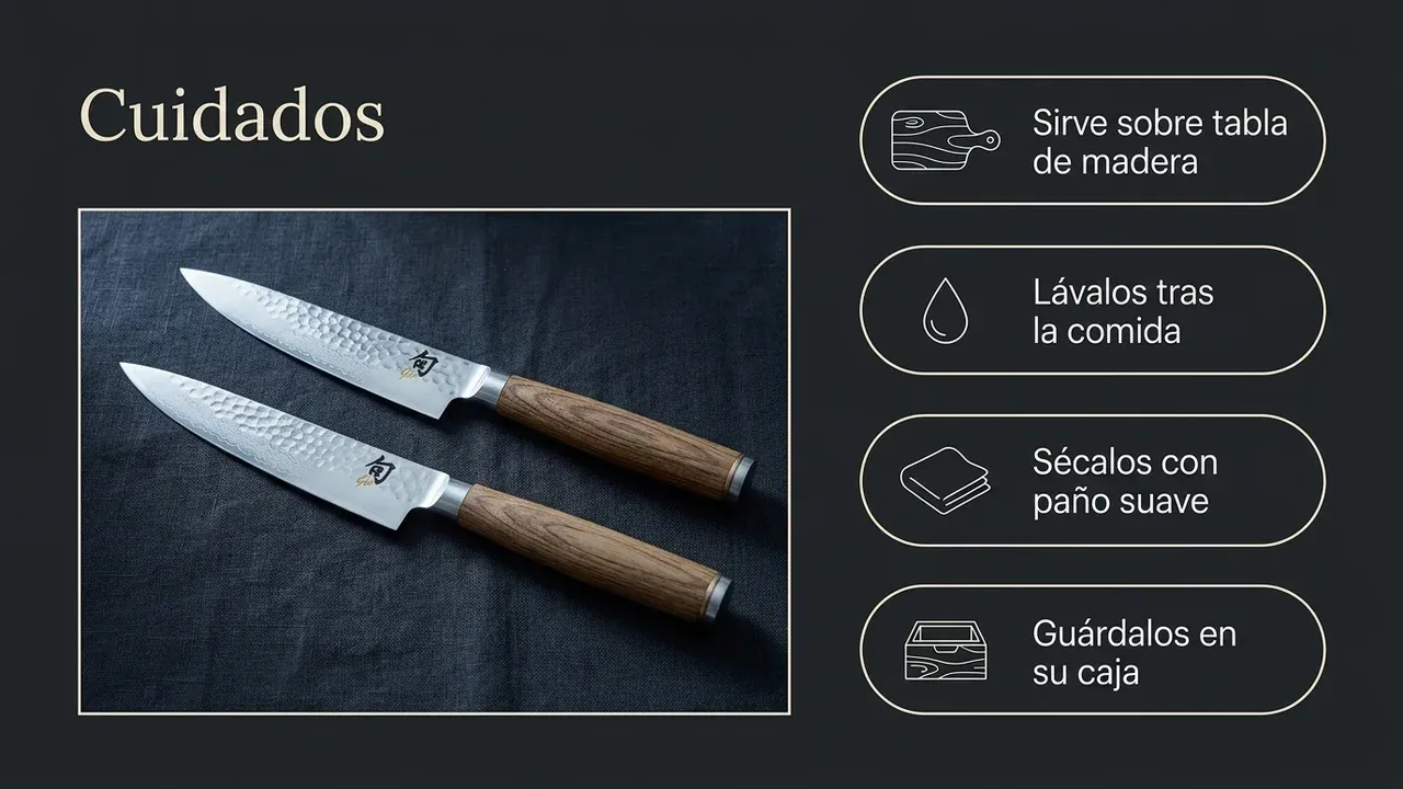 Cuidados de los cuchillos de carne KAI Shun Premier: servir sobre tabla de madera, lavarlos tras la comida, secarlos con paño suave y guardarlos en su caja