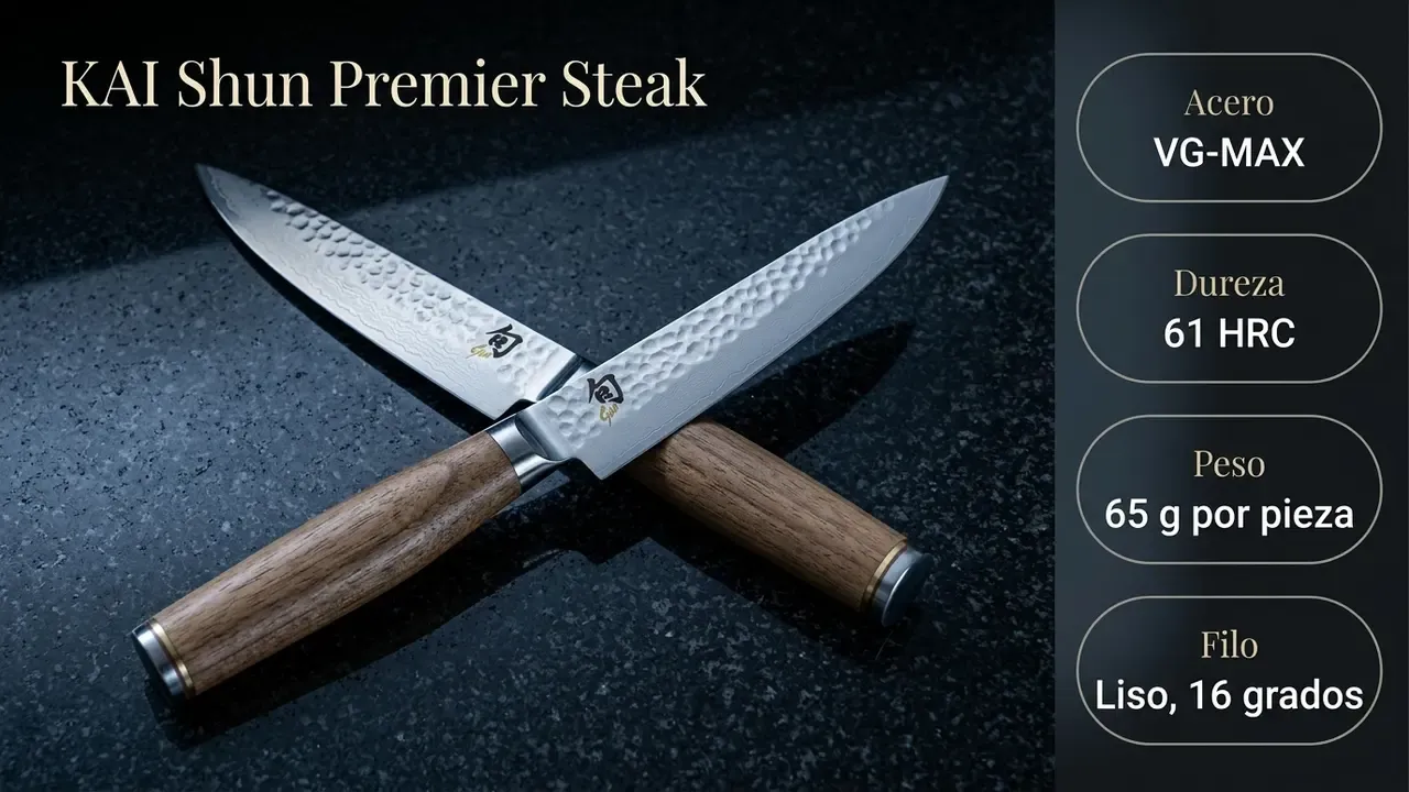 Ficha técnica del set de carne KAI Shun Premier: núcleo VG-MAX a 61 HRC, 65 gramos por pieza y filo liso a 16 grados, sobre granito oscuro