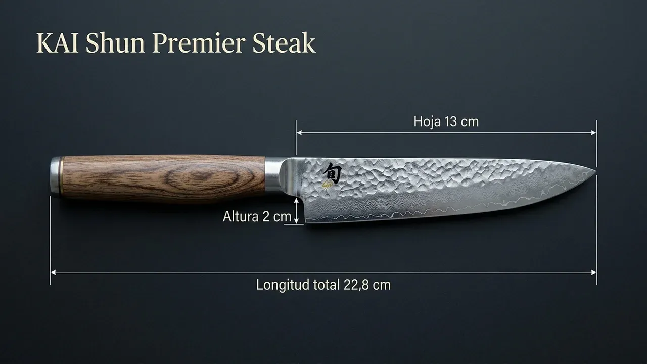 Medidas de un cuchillo de carne KAI Shun Premier: 22,8 cm de longitud total, hoja de 13 cm y 2 cm de altura, acotadas sobre fondo oscuro