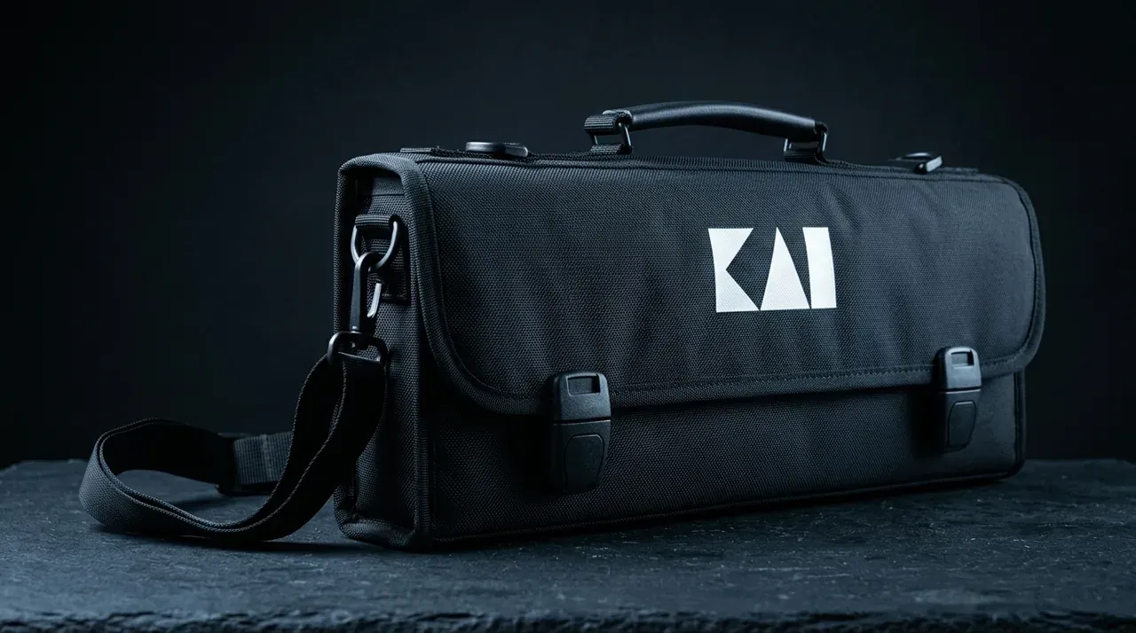 Bolsa KAI DM-0781 negra con el logo KAI en blanco, cerrada con la bandolera puesta sobre pizarra
