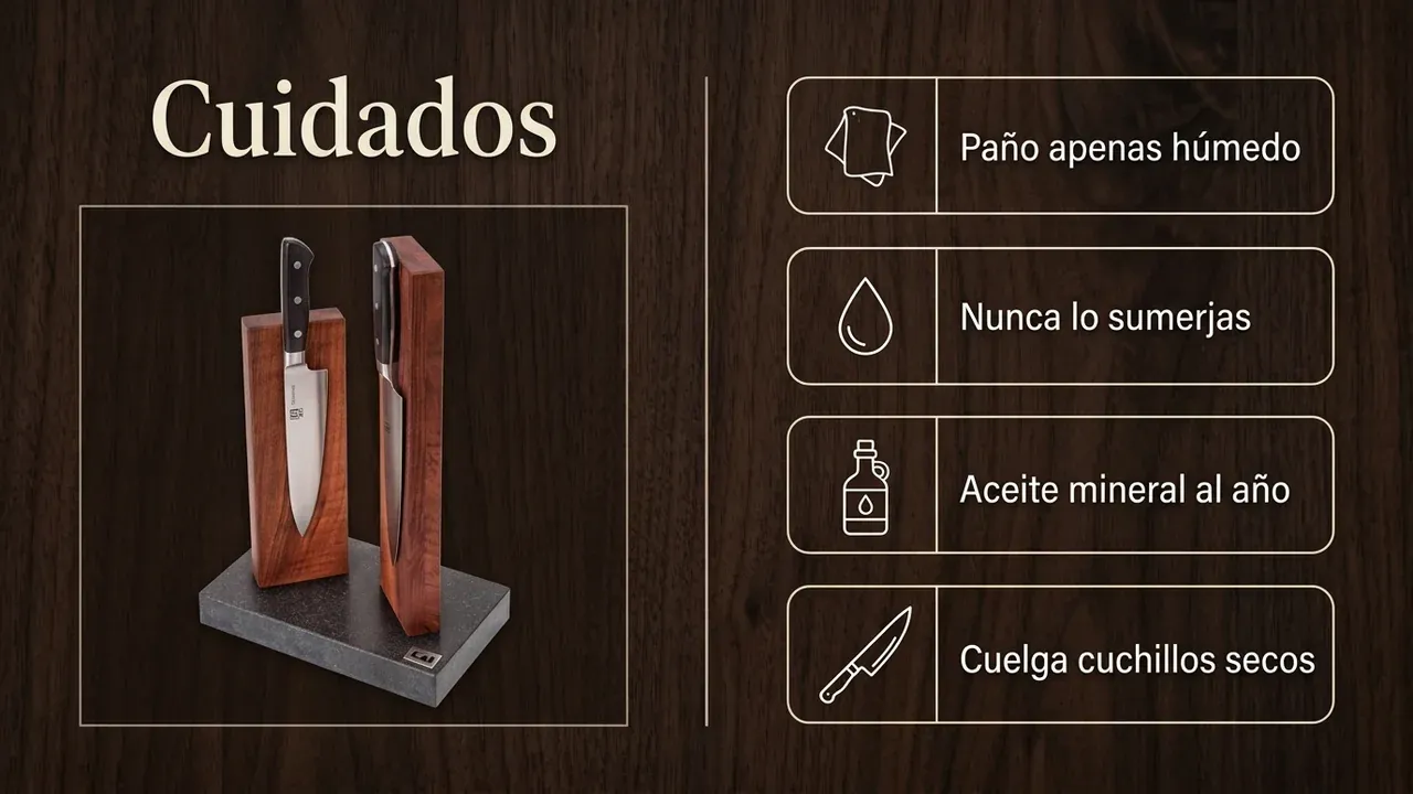 Cuidados del bloque Stonehenge: paño apenas húmedo, nunca sumergirlo, aceite mineral al año y colgar los cuchillos secos