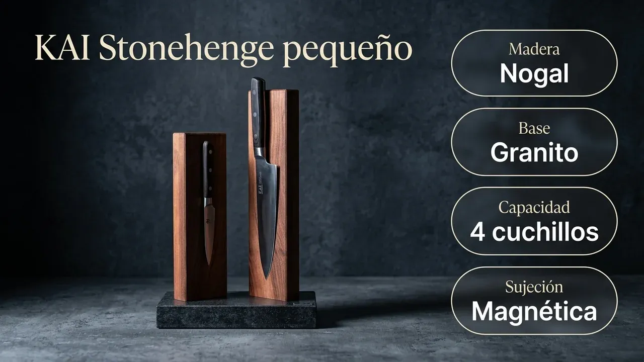 Ficha técnica del Stonehenge pequeño: cuerpo de nogal, base de granito, capacidad para 4 cuchillos y sujeción magnética
