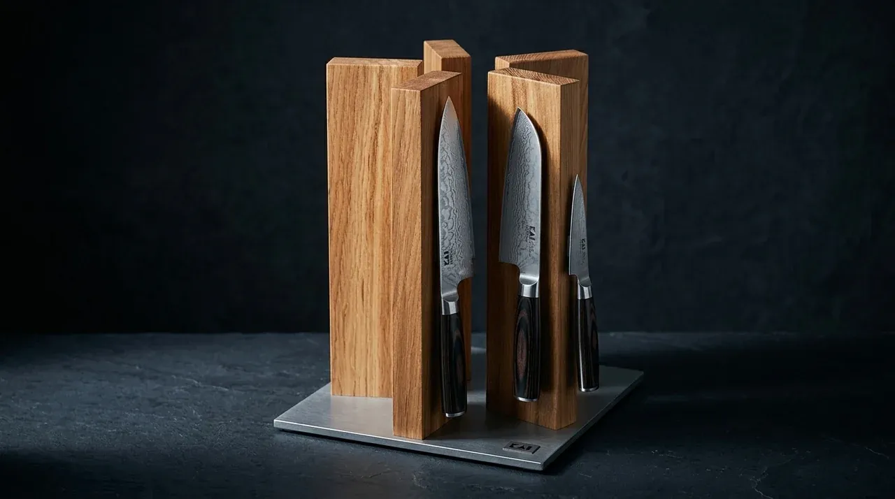 Bloque magnético KAI Stonehenge de roble con cuchillos japoneses sujetos a sus columnas de roble sobre encimera oscura