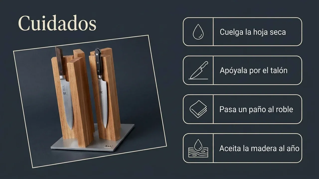 Cuidados del bloque magnético KAI Stonehenge: colgar la hoja seca, apoyarla por el talón, pasar un paño al roble y aceitar la madera una vez al año
