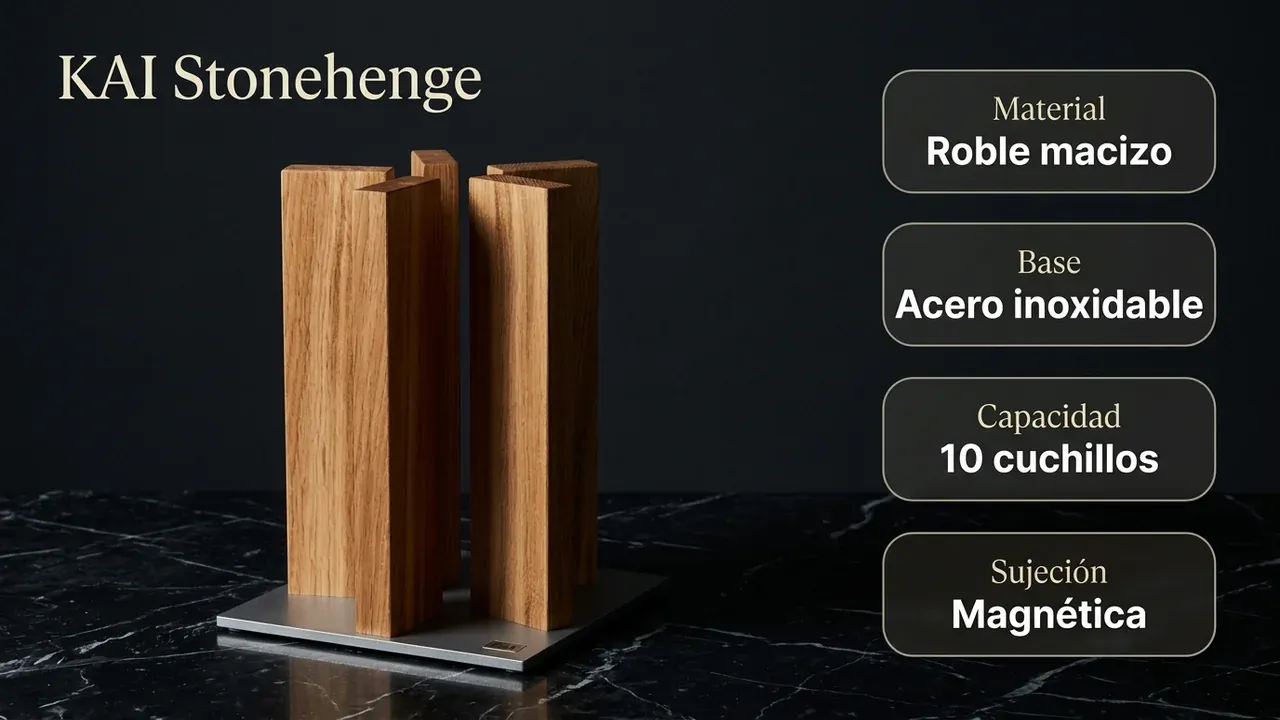 Ficha técnica del bloque KAI Stonehenge: roble macizo, base de acero inoxidable, capacidad para 10 cuchillos y sujeción magnética, sobre mármol negro