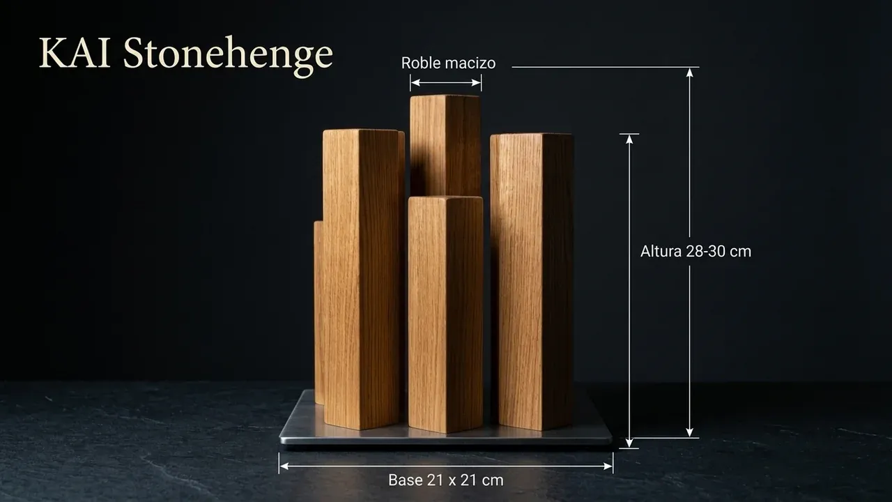 Medidas del bloque magnético KAI Stonehenge: base de 21 x 21 cm y columnas de roble de 28 a 30 cm de altura, acotadas sobre pizarra oscura