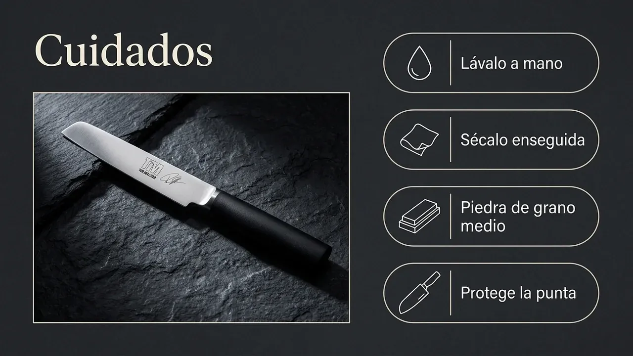 Cuidados del Kamagata: lavado a mano, secado enseguida, piedra de grano medio y protección de la punta