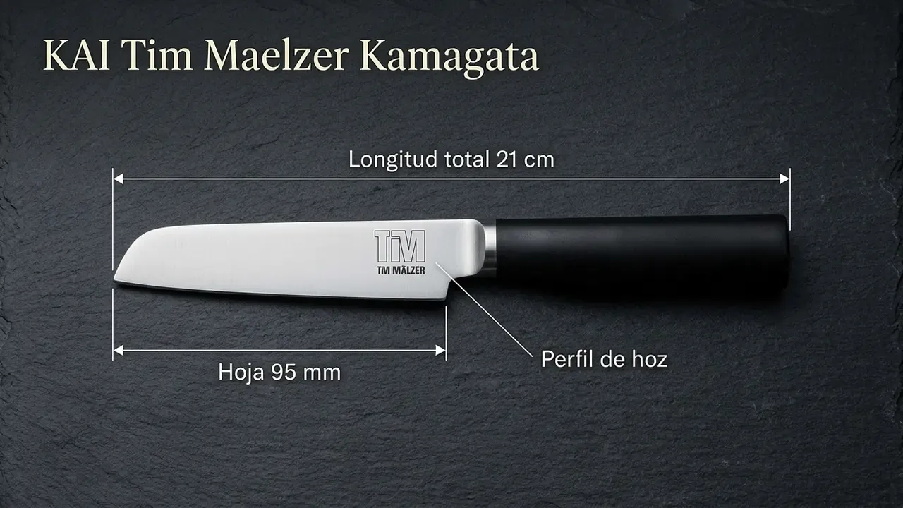 Medidas del KAI Tim Mälzer Kamagata: 21 cm de longitud total, hoja de 95 mm y perfil de hoz