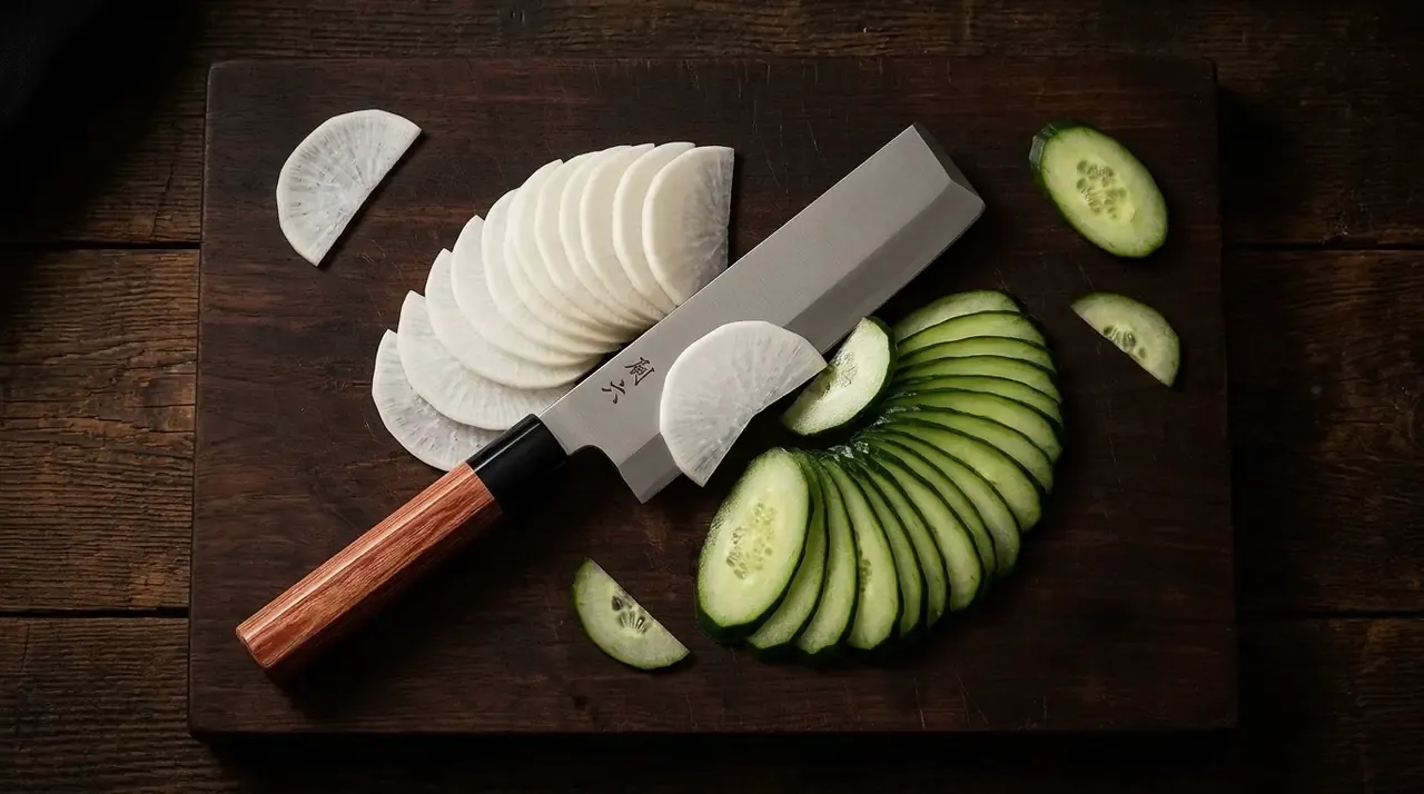 Cuchillo usuba KAI Seki Magoroku cortando láminas finísimas de daikon y pepino en abanico sobre una tabla de madera oscura, plano cenital