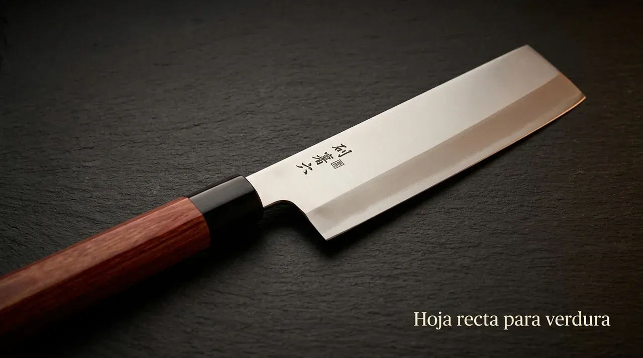 Detalle de la hoja rectangular recta del cuchillo usuba KAI Seki Magoroku, con su punta cuadrada y el mango de madera con collar negro sobre pizarra