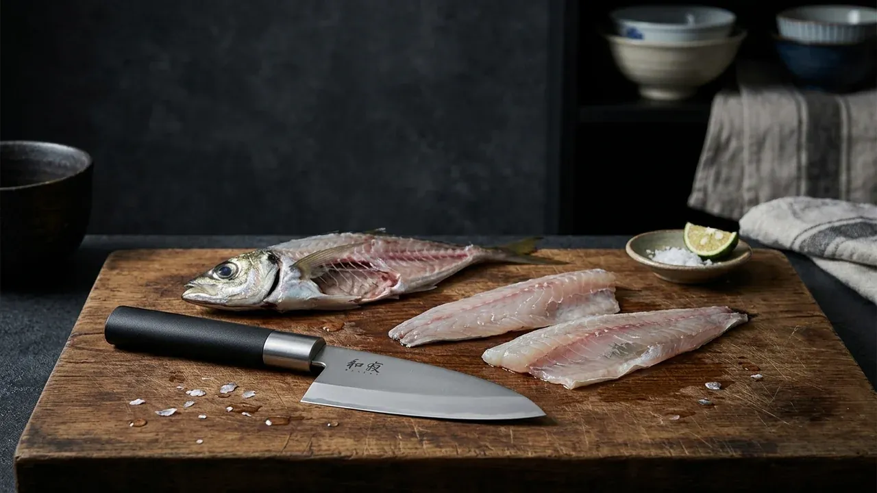 Cuchillo ko-deba KAI Wasabi Black de 105 mm sobre tabla de madera junto a un pescado pequeño fileteado, para limpiar pescado de ración