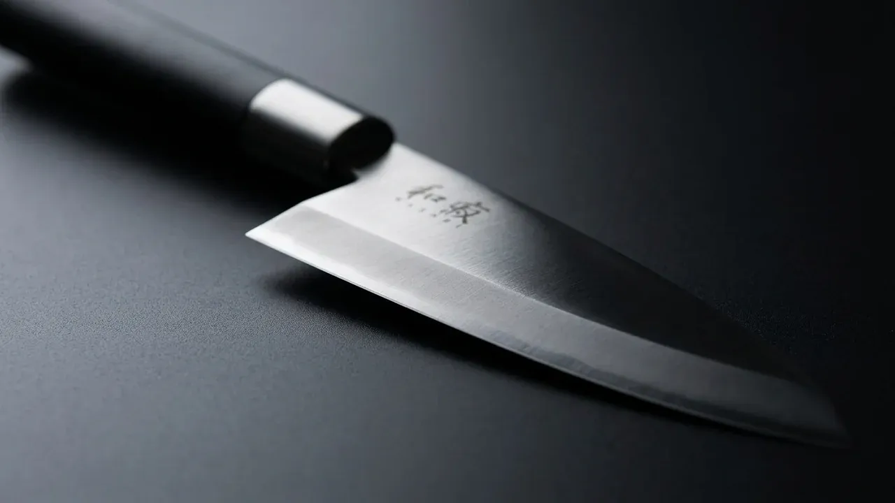 Detalle del filo de un solo bisel del cuchillo deba KAI Wasabi Black de 105 mm en acero inoxidable 6A/1K6, con el logo Wasabi grabado