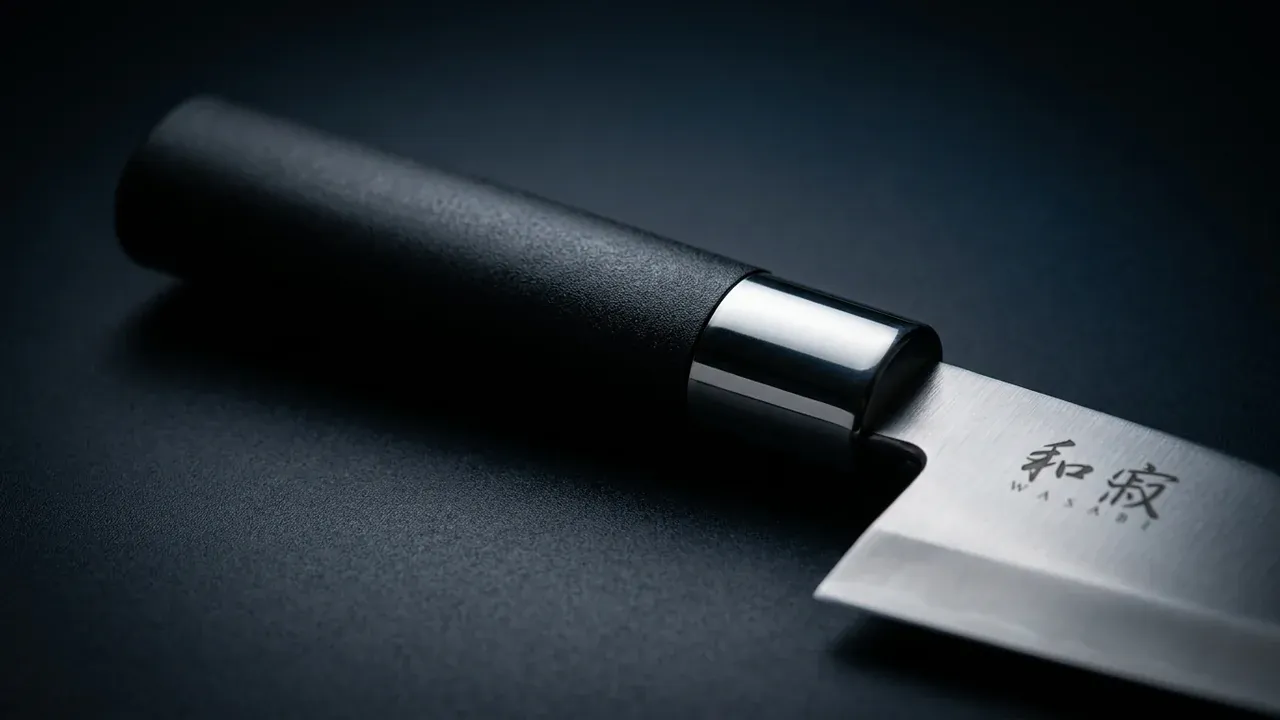 Detalle del mango negro de polipropileno y la virola de acero del deba KAI Wasabi Black de 105 mm con el logo Wasabi en la hoja