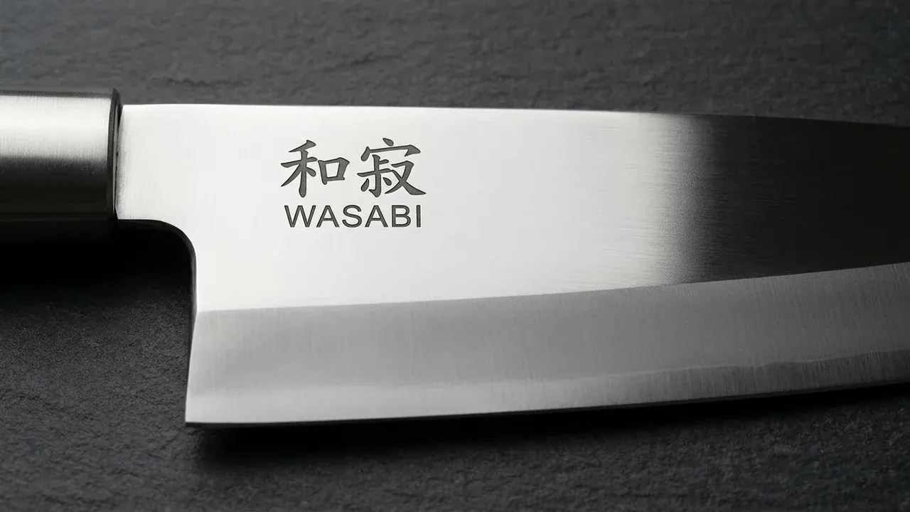 Detalle de la hoja ancha del cuchillo deba KAI Wasabi Black de 210 mm en acero 6A/1K6 con el logo Wasabi grabado y el filo de un solo bisel