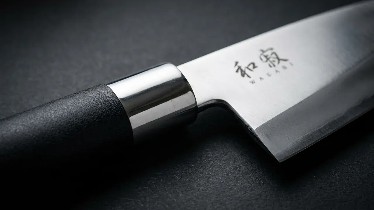 Detalle del mango negro de polipropileno y la virola pulida de acero del deba grande KAI Wasabi Black de 210 mm