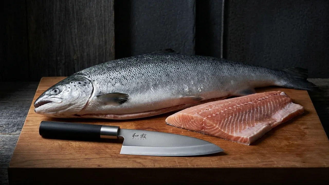 Deba KAI Wasabi Black de 210 mm sobre tabla de madera junto a un salmón entero fileteado, el tamaño para pescados de más de un kilo