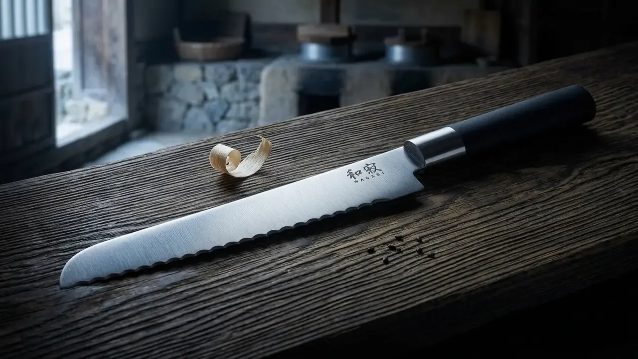 Cuchillo de pan KAI Wasabi Black de 23 cm con mango negro y filo ondulado sobre un tablón de hinoki envejecido, en una cocina rural japonesa con luz de ventana