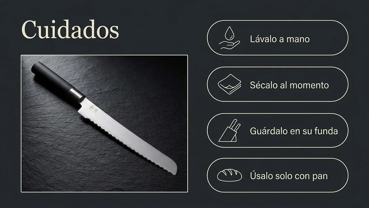 Cuidados del cuchillo de pan KAI Wasabi Black: lavarlo a mano, secarlo al momento, guardarlo en su funda y reservarlo solo para pan