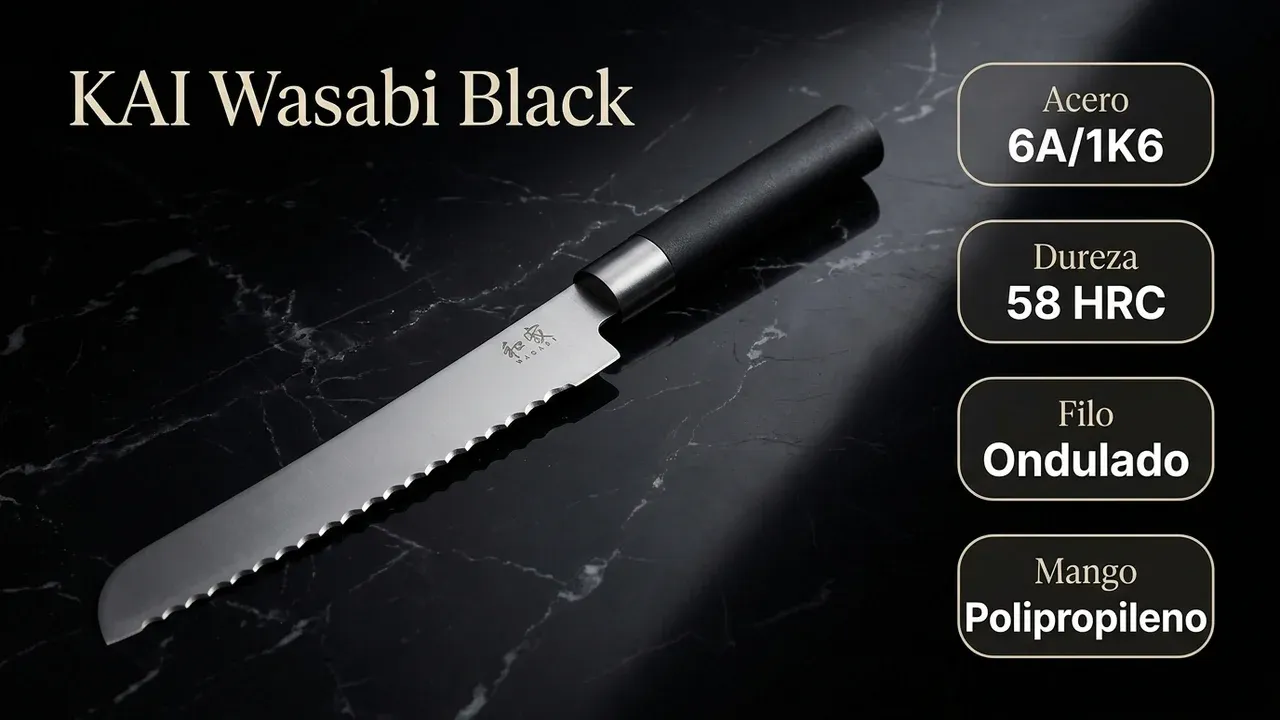Ficha técnica del panero KAI Wasabi Black: acero 6A/1K6, dureza 58 HRC, filo ondulado y mango de polipropileno negro sobre mármol negro