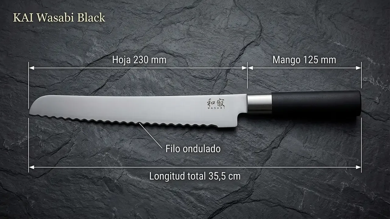 Medidas del cuchillo de pan KAI Wasabi Black: 230 mm de hoja, 125 mm de mango y 35,5 cm de longitud total, con el filo ondulado señalado sobre pizarra oscura