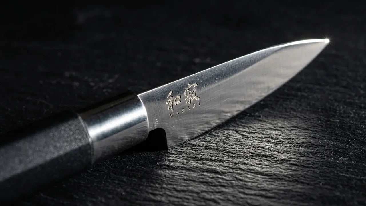 Detalle de la punta fina del cuchillo petty KAI Wasabi Black de 100 mm en acero 6A/1K6 con el logo Wasabi grabado en la hoja
